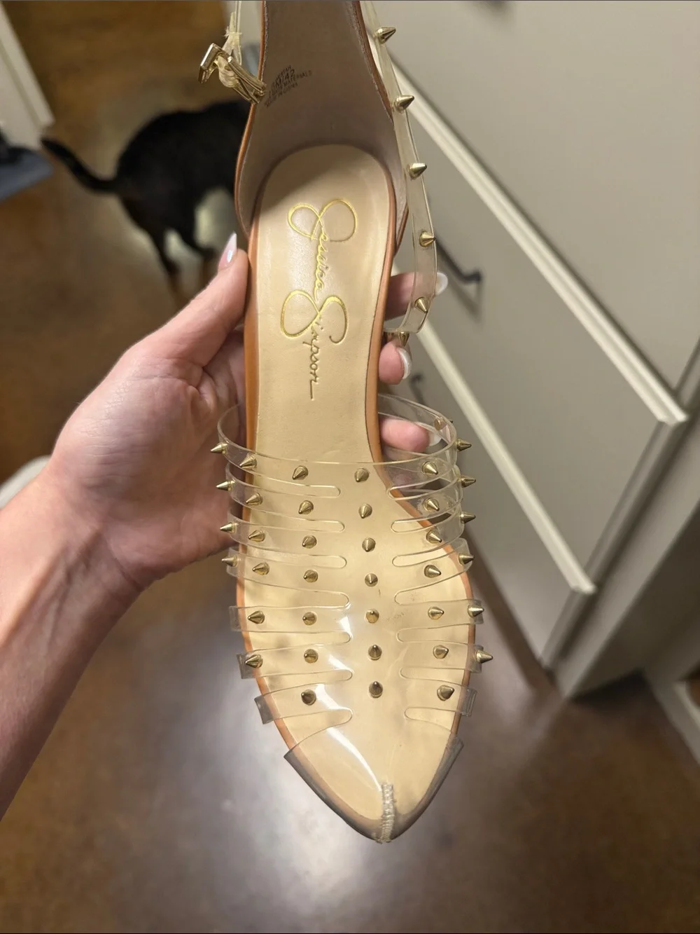 Jessica Simpson Clear Pointed Toe Studded Pump - Beige Insole, Gold Studs